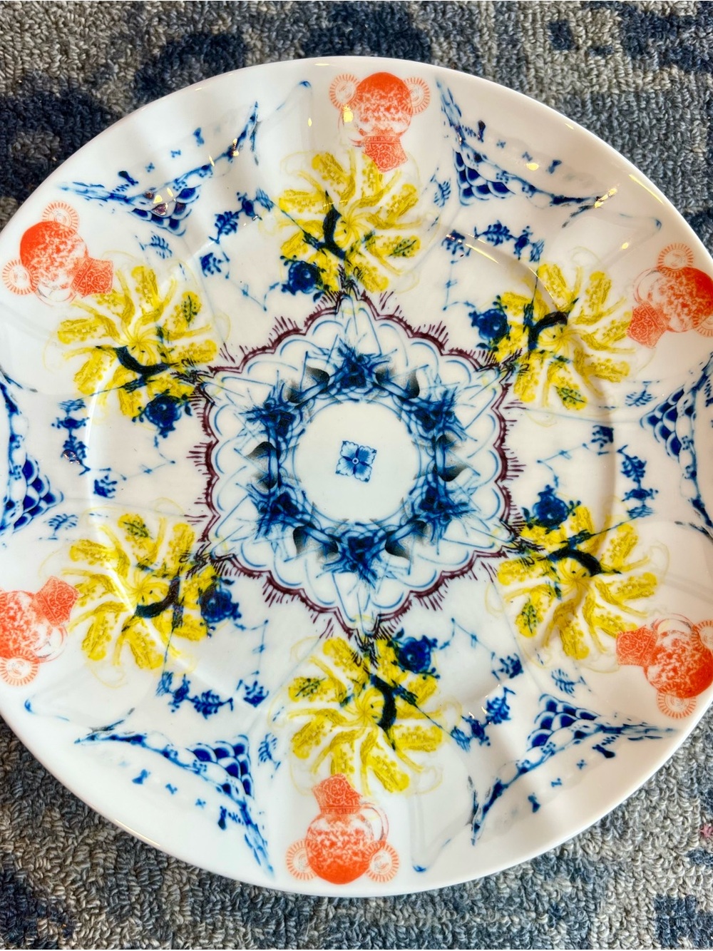 8 Anthropologie Porcelain Plates - Yellow, Blue & Orange - Stunning-Hard to Find